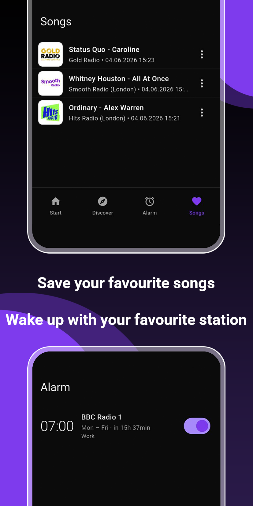 Save your favourite songs and wake up with your favourite station