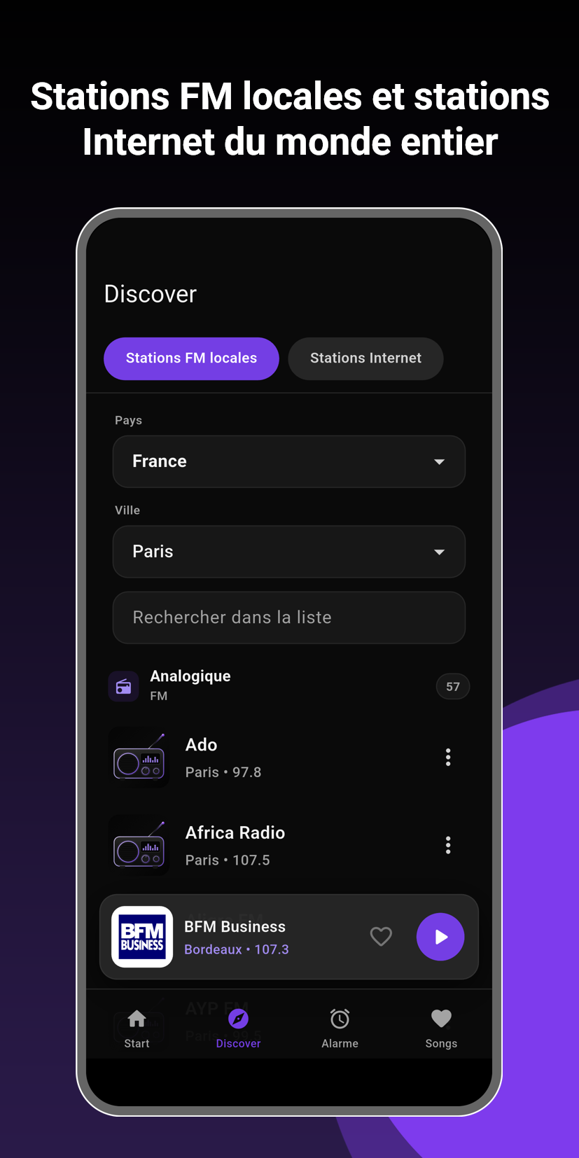 Stations FM locales et radios internet du monde entier