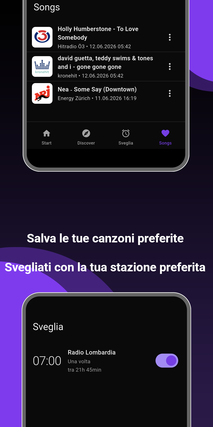 Salva le tue canzoni preferite e svegliati con la tua stazione preferita